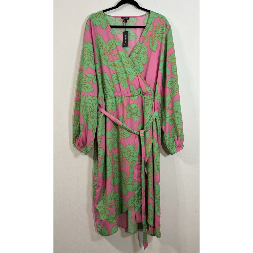 Boohoo Plus Size 18 Satin Floral Wrap Midi Dress Pink Green Long Sleeve Belted